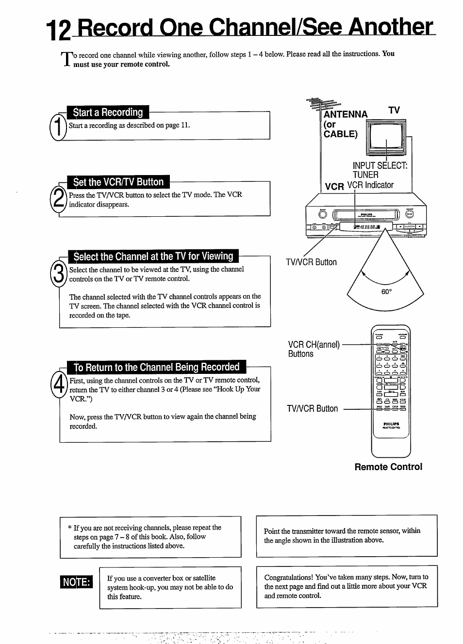 Start a recording, Set the vcr/tv button, Select the channel at the tv for viewing | Jo return to the channei being recorded, Noje, 12 record one channel/see another | Philips VR454 User Manual | Page 12 / 29