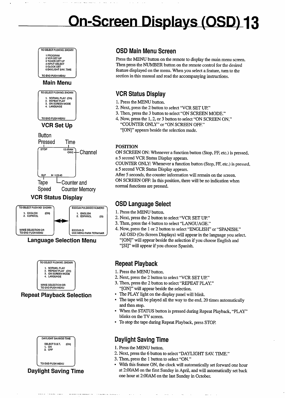 On-screen displays (osd) 13, Main menu, Vcr set up | Button, Pressed, Time, Tape counter and speed counter memory, Vcr status display, Language selection menu, Osd main menu screen | Philips VR454 User Manual | Page 13 / 29