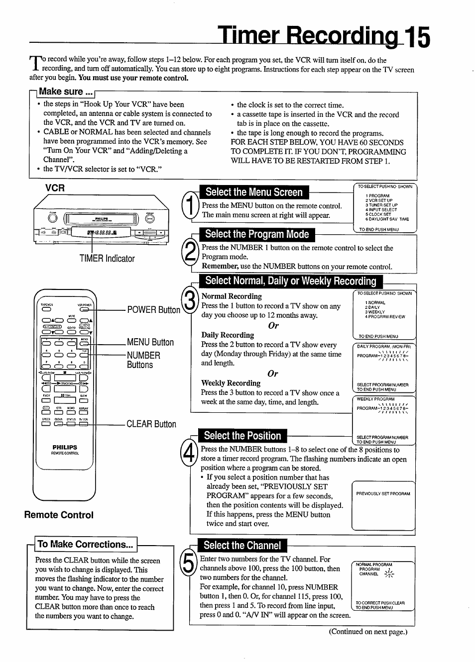 Timer recording 15, 1 make sure, Timer indicator | Power button, Menu button, Number, Buttons, Clear button, Remote control, Select the menu screen | Philips VR454 User Manual | Page 15 / 29