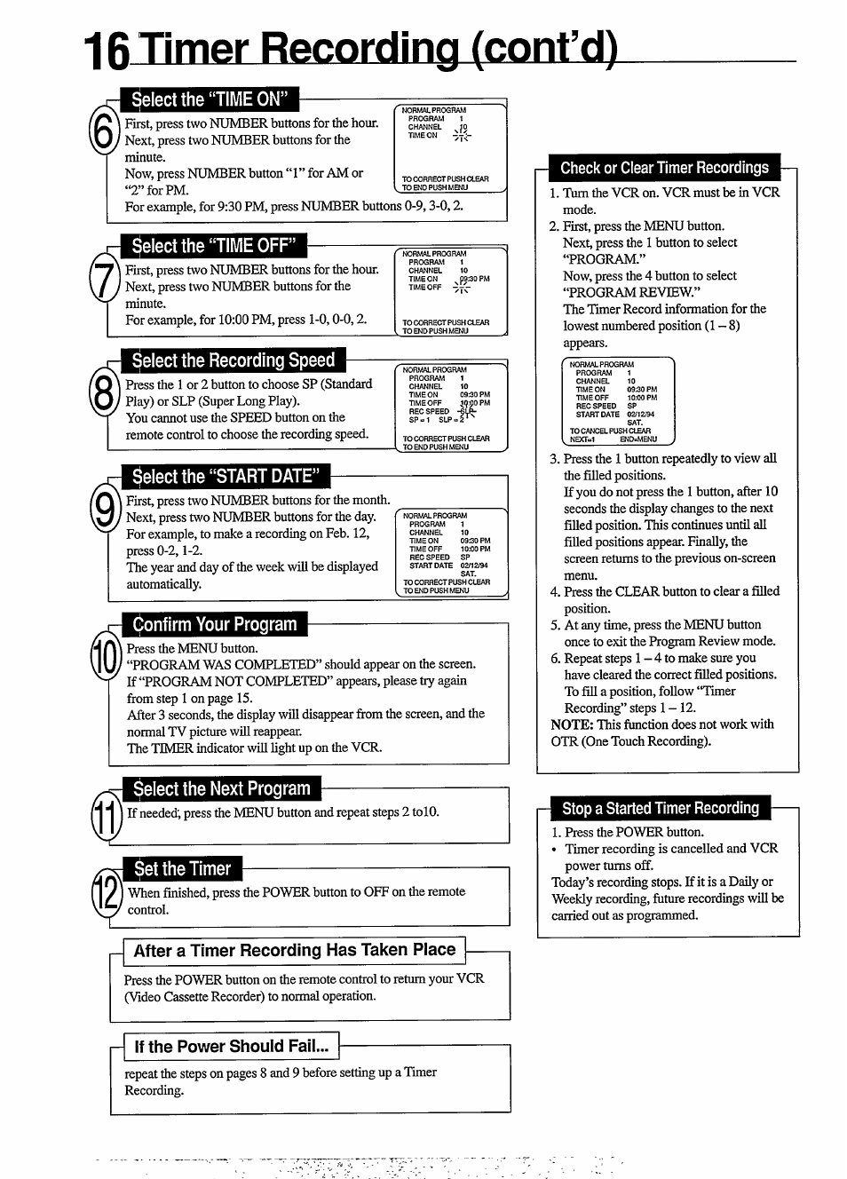 16 timer recording (confd), Select the “time on, Select the “time off | Select the recording speed, Select the “start date, Confirm your program, Select the next program, Set the timer, After a timer recording has taken place, I- if the power should fail | Philips VR454 User Manual | Page 16 / 29