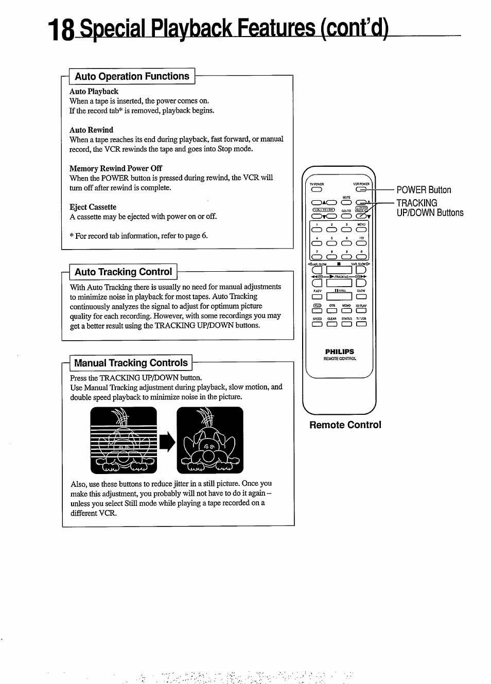 18 special playback features (cont’d), P auto operation functions, P auto tracking controi | P manual tracking controls, Power button, Tracking up/down buttons | Philips VR454 User Manual | Page 18 / 29