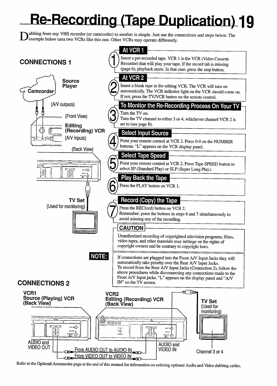 Re-recording (tape duplication) 19, At vcr 1, At vcr 2 | To monitor the re-recording process on your tv, Select input source, Select tape speed, Play back the tape, Record (copy) the tape, Note, Caution | Philips VR454 User Manual | Page 19 / 29