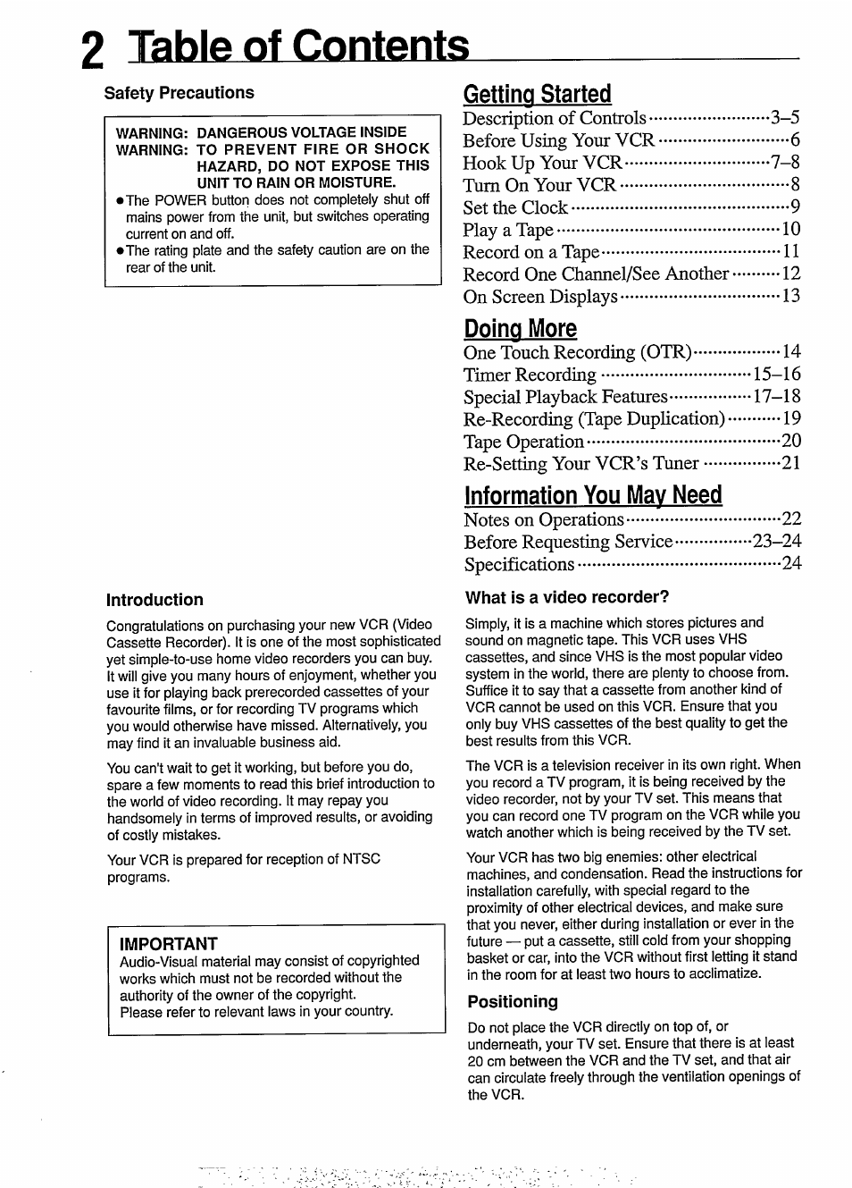 2 table of contents, What is a video recorder, Positioning | Getting started, Doing more, Information you may need | Philips VR454 User Manual | Page 2 / 29