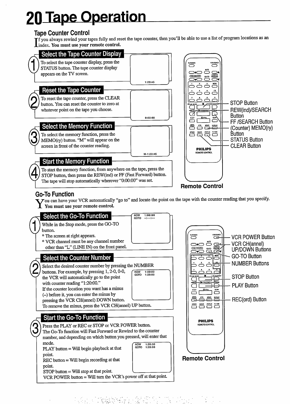 20 tape operation, Tape counter control, Select the tape counter display | Reset the tape counter, Select the memory function, Start the memory function, Go-to function, Select the go-to function, Select the counter number, Sfart the go-to function | Philips VR454 User Manual | Page 20 / 29