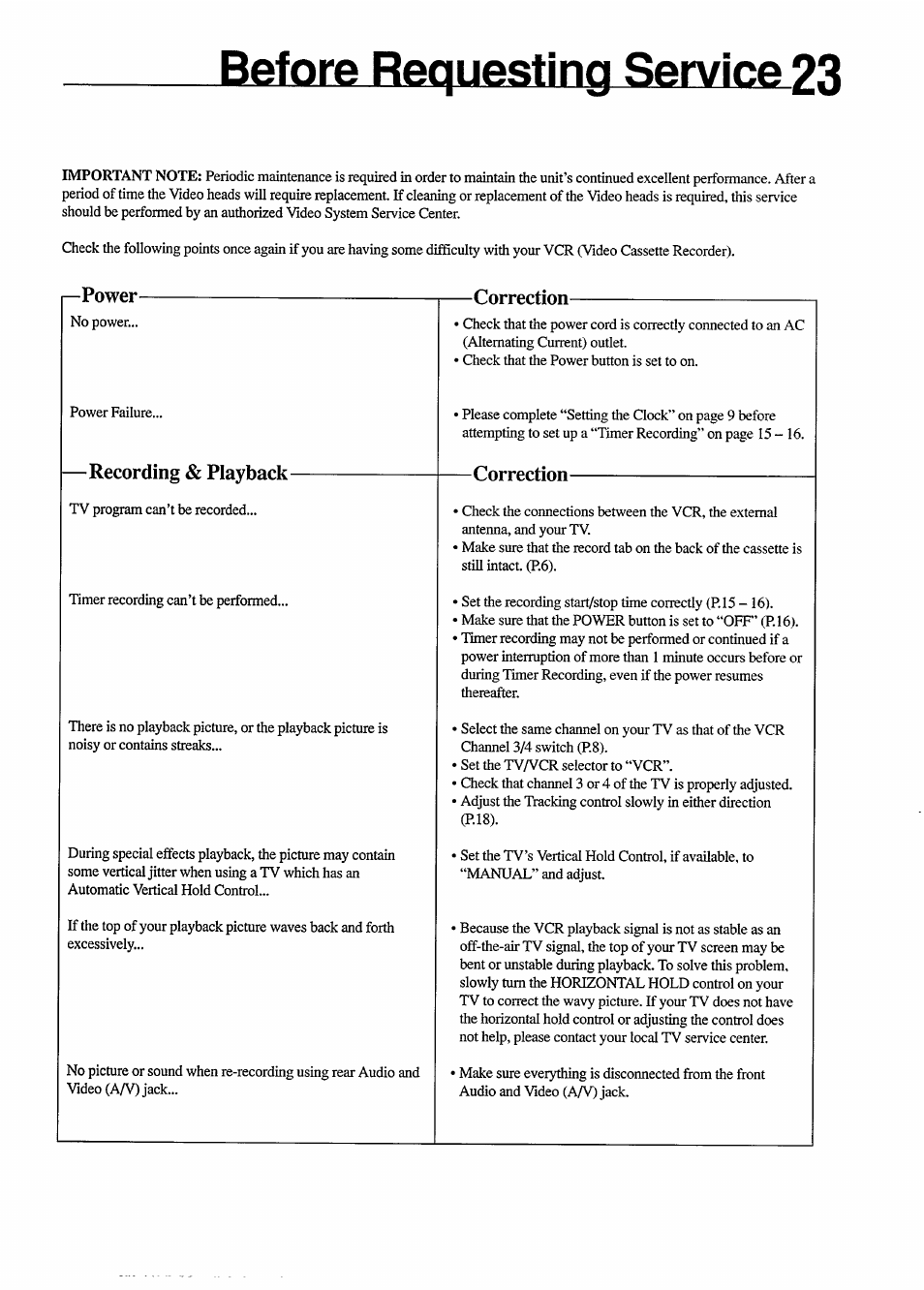 Before requesting service 23, I—power, Recording & playback | Correction, Before requesting service -24 | Philips VR454 User Manual | Page 23 / 29