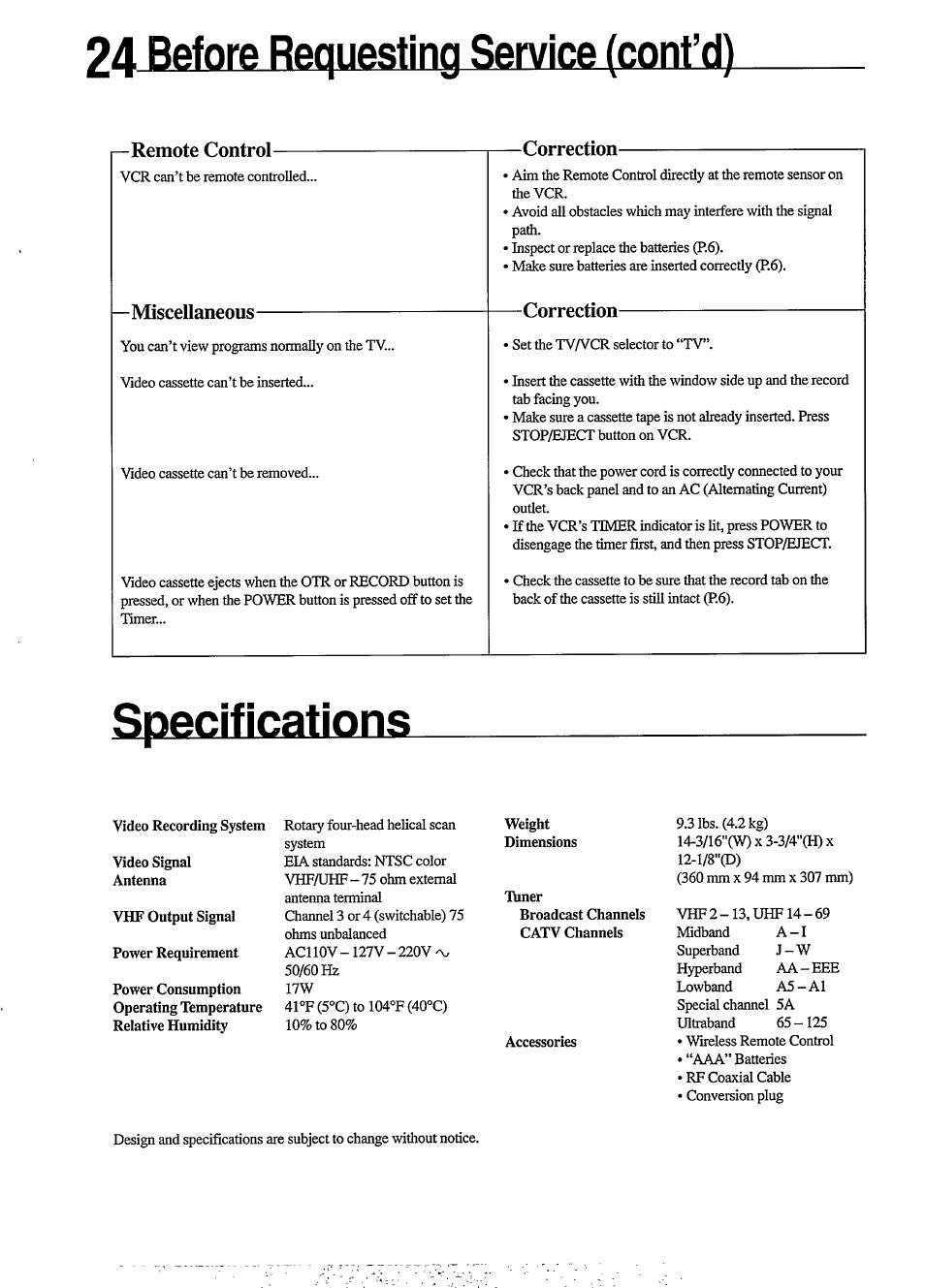 24 before requesting service (cont’d), R—remote control, Miscellaneous | Correction, Specifications | Philips VR454 User Manual | Page 24 / 29