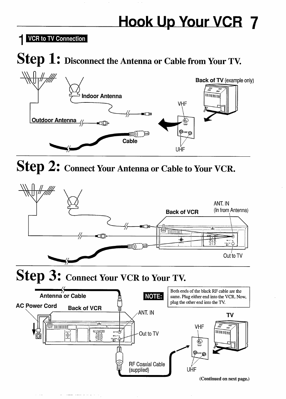 Hook up your vcr 7, Note, Hook up your vcr -8 | Step 1, Step 2, Step 3, Disconnect the antenna or cable from your tv, Connect your antenna or cable to your vcr, Connect your vcr to your tv | Philips VR454 User Manual | Page 7 / 29