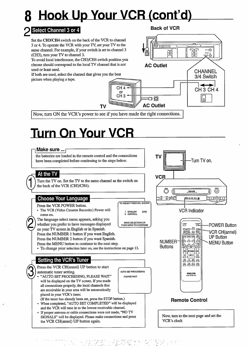 8 hook up your vcr (conf d), Select channel 3 or 4, Back of vcr | Channel 3/4 switch, Turn on your vcr, 1 make sure, At the tv, Choose your language, Setting the vcr’s tuner, Remote control | Philips VR454 User Manual | Page 8 / 29