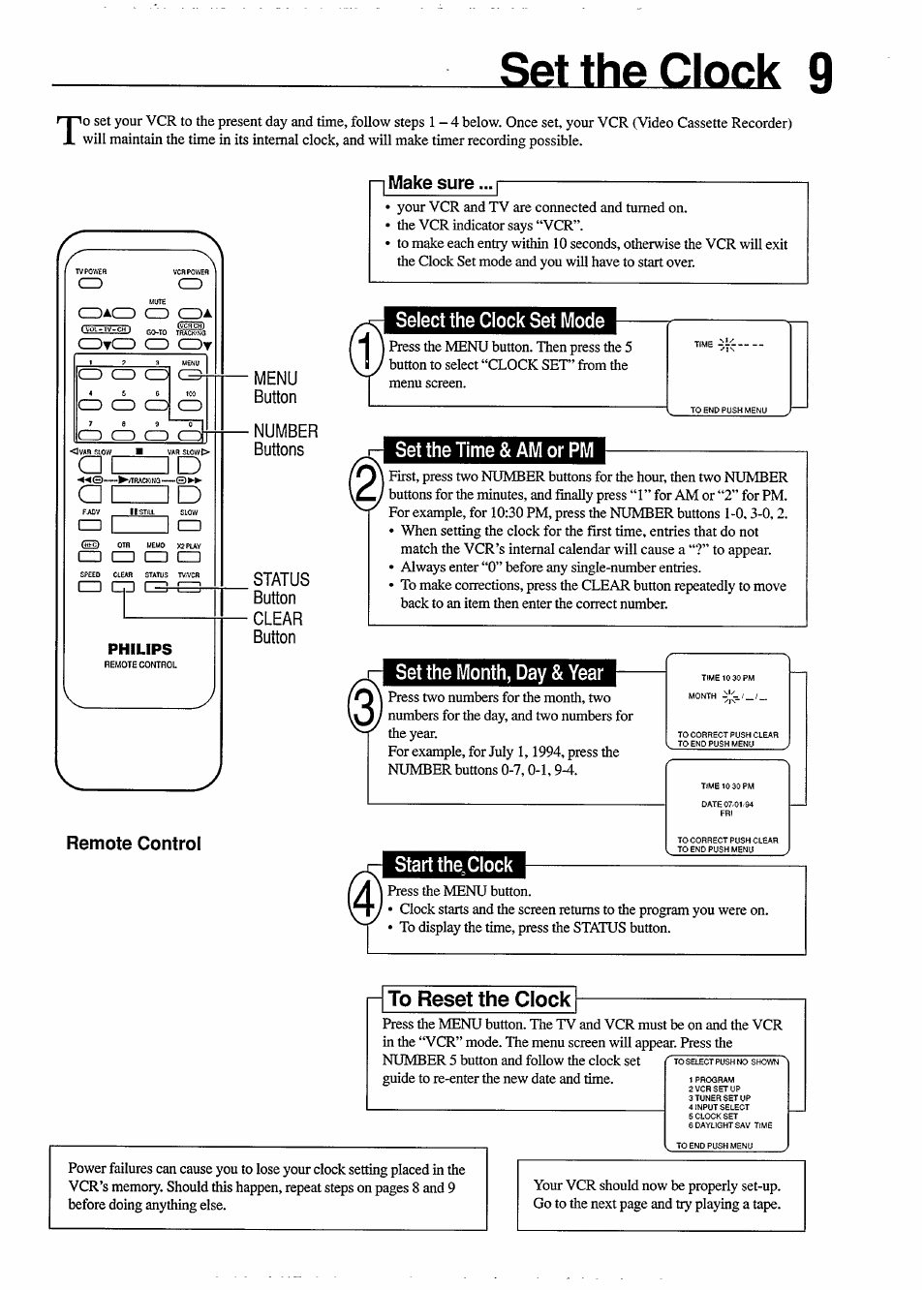 Menu, Button, Number | Buttons, Status, Clear, Remote control, I make sure... i, Select the clock set mode, Set the time & am or pm | Philips VR454 User Manual | Page 9 / 29