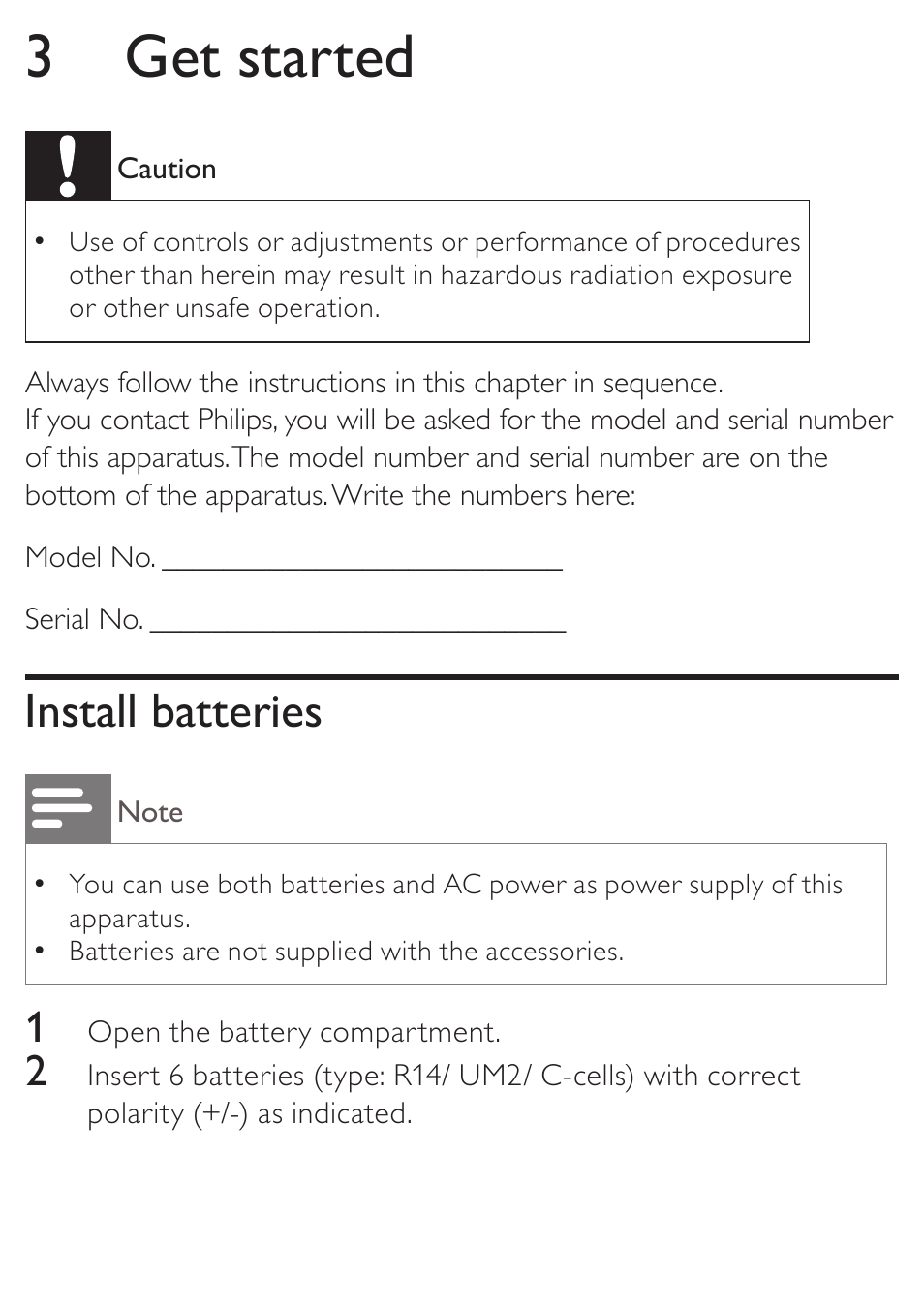 3 get started, Install batteries | Philips AZD208/05 User Manual | Page 10 / 21