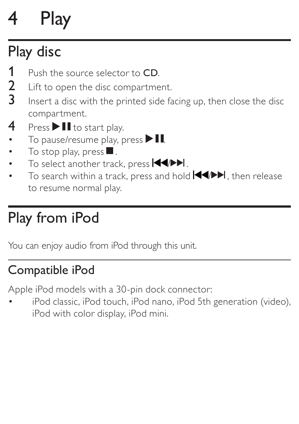 4 play, Play disc, Play from ipod | Philips AZD208/05 User Manual | Page 13 / 21