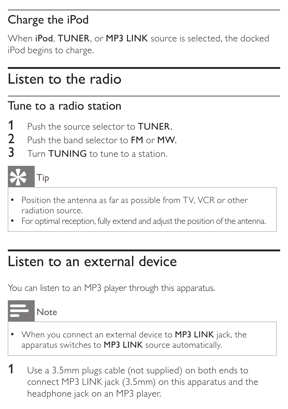 Listen to the radio, Listen to an external device, Charge the ipod | Tune to a radio station | Philips AZD208/05 User Manual | Page 15 / 21