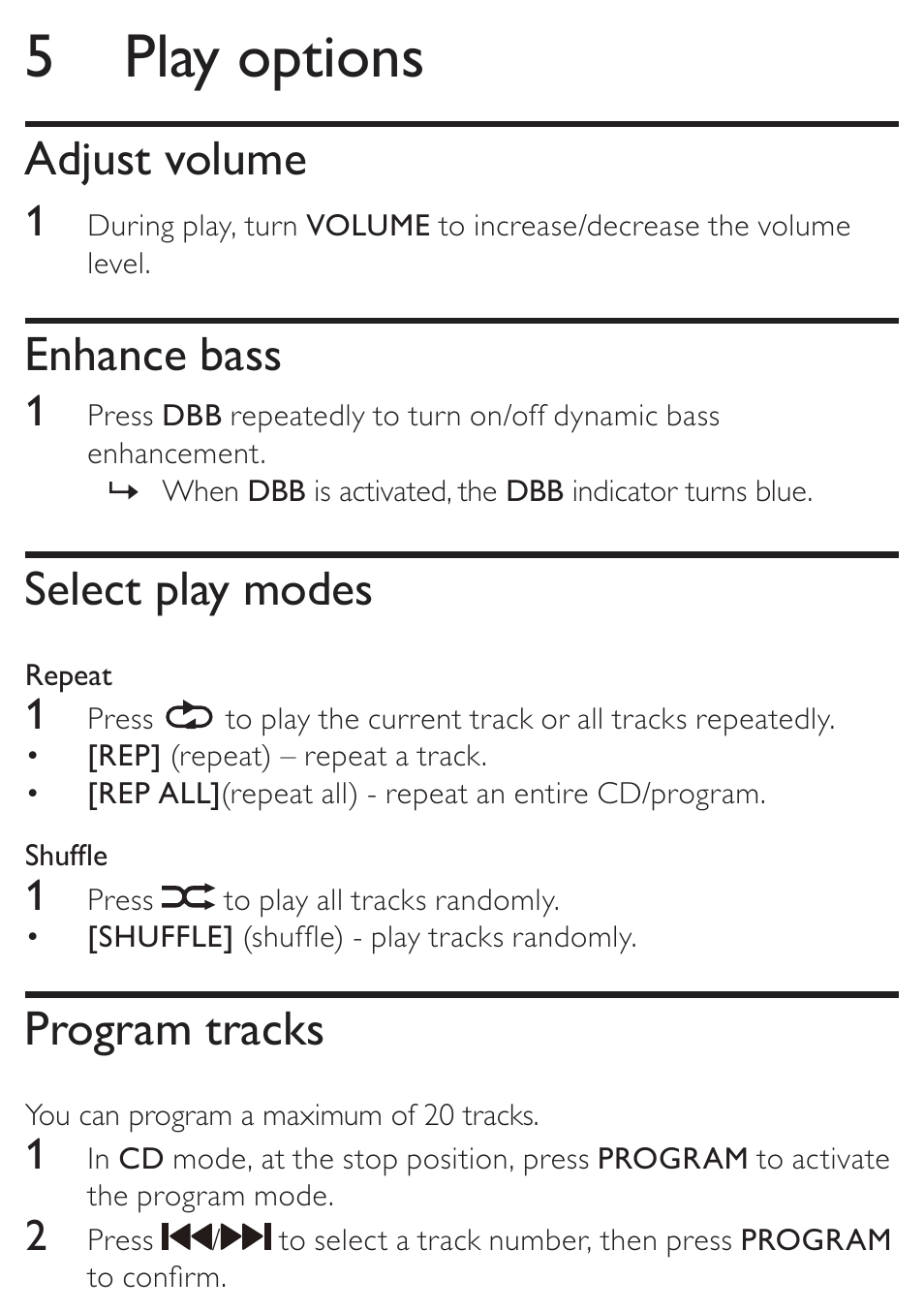 5 play options, Adjust volume, Enhance bass | Select play modes, Program tracks | Philips AZD208/05 User Manual | Page 16 / 21