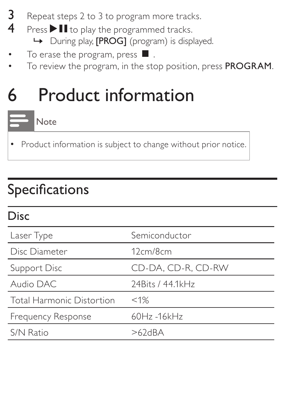 6 product information, Specifications, Disc | Philips AZD208/05 User Manual | Page 17 / 21