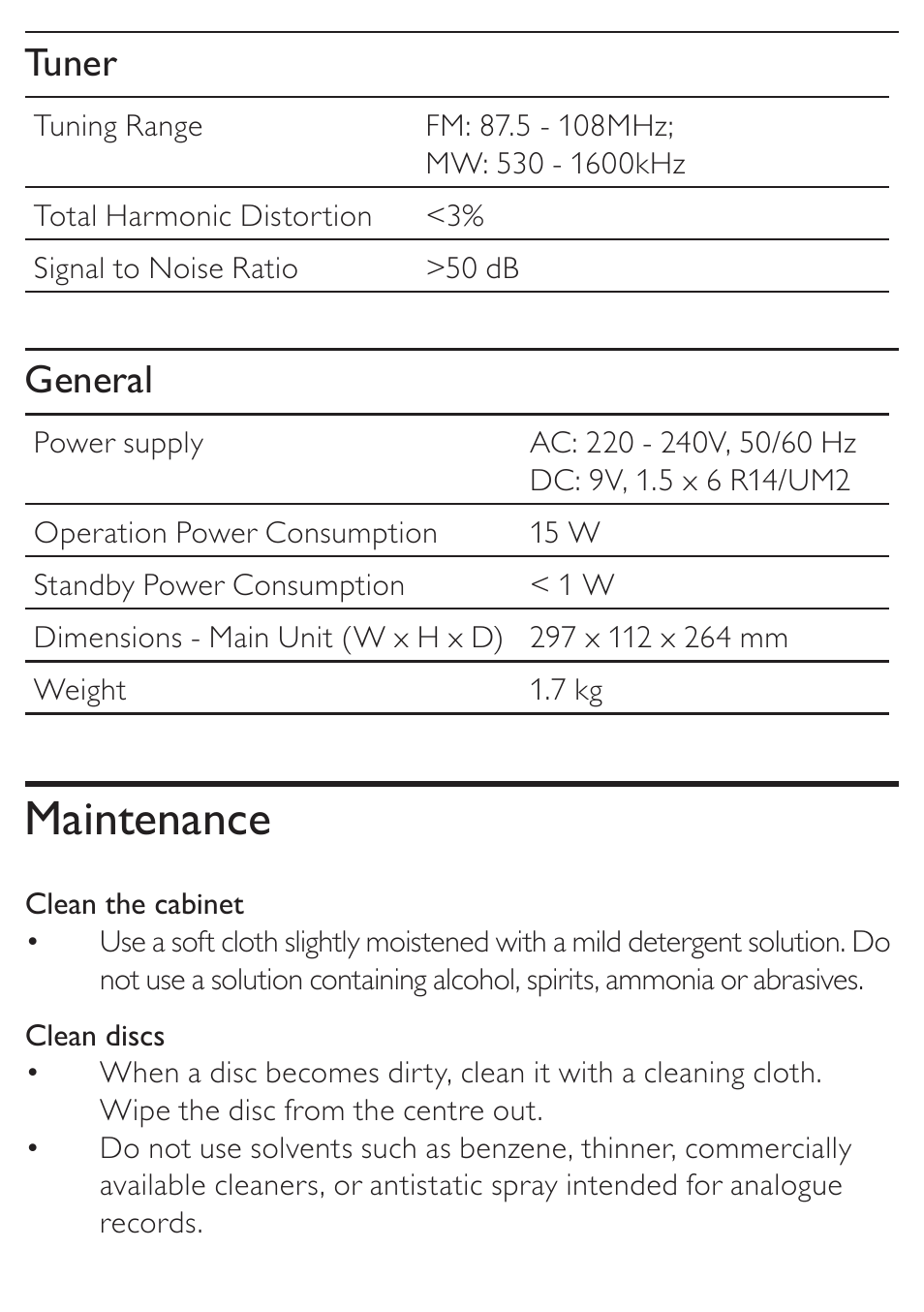 Maintenance, Tuner, General | Philips AZD208/05 User Manual | Page 18 / 21