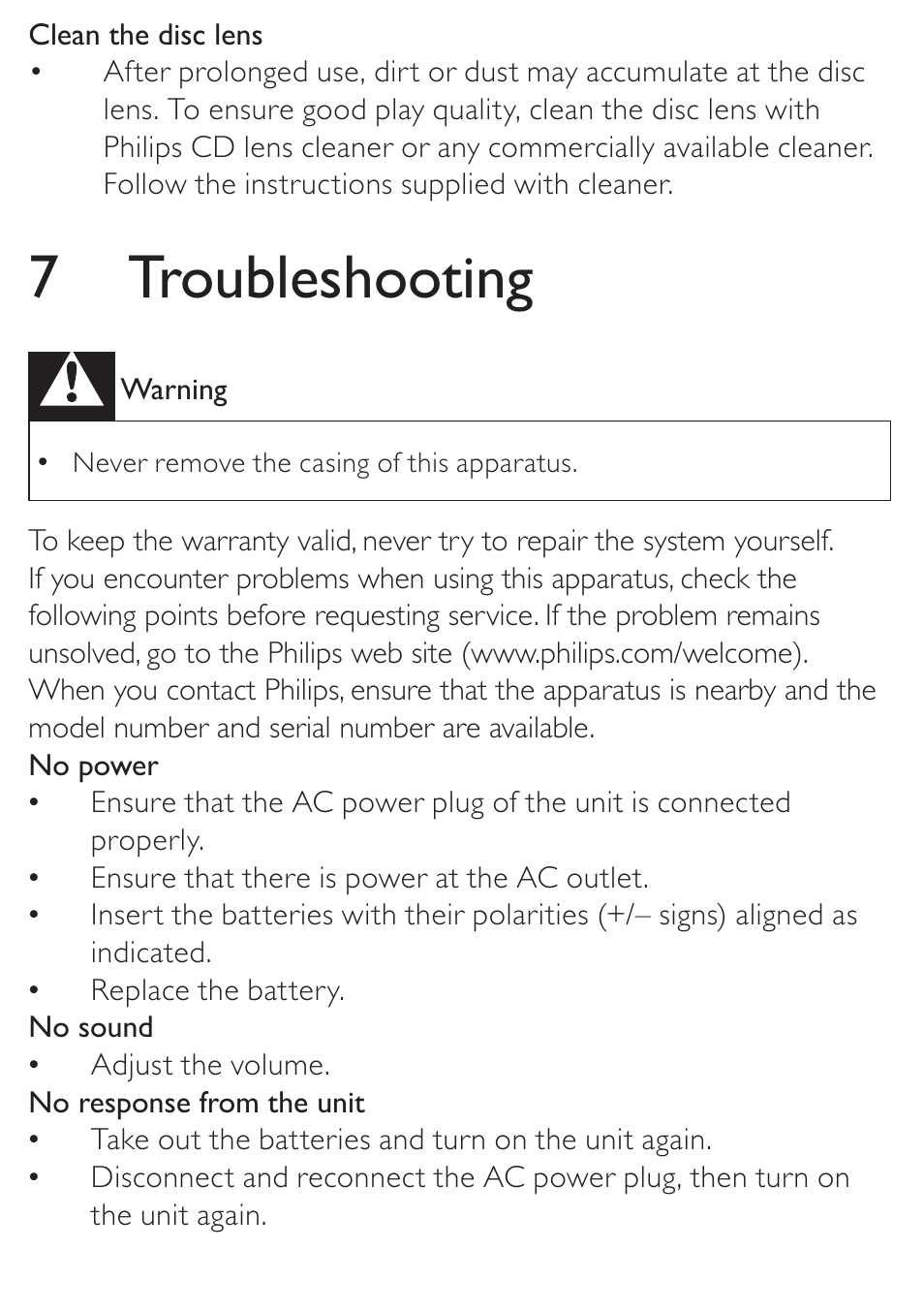 7 troubleshooting | Philips AZD208/05 User Manual | Page 19 / 21