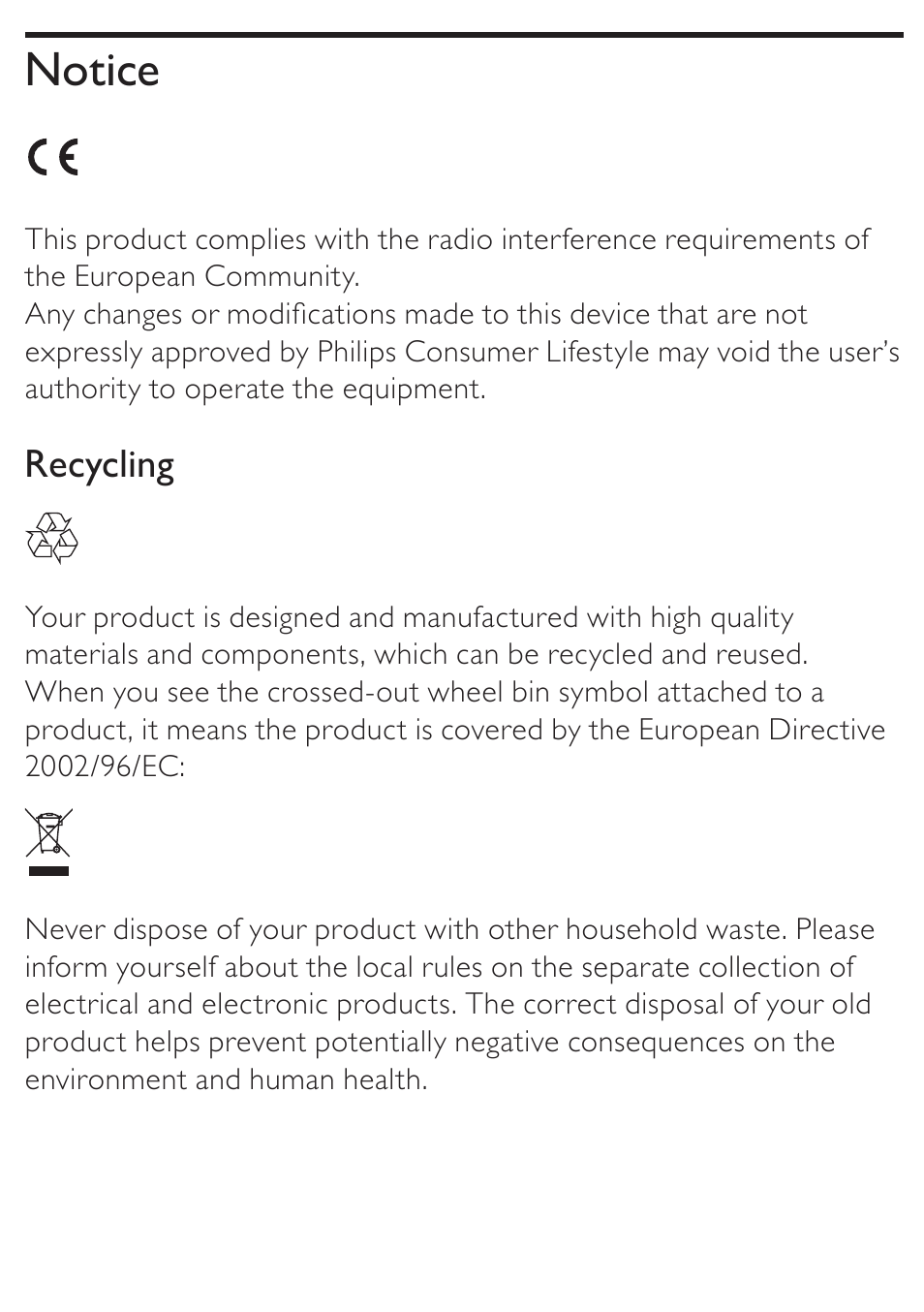 Notice, Recycling | Philips AZD208/05 User Manual | Page 5 / 21