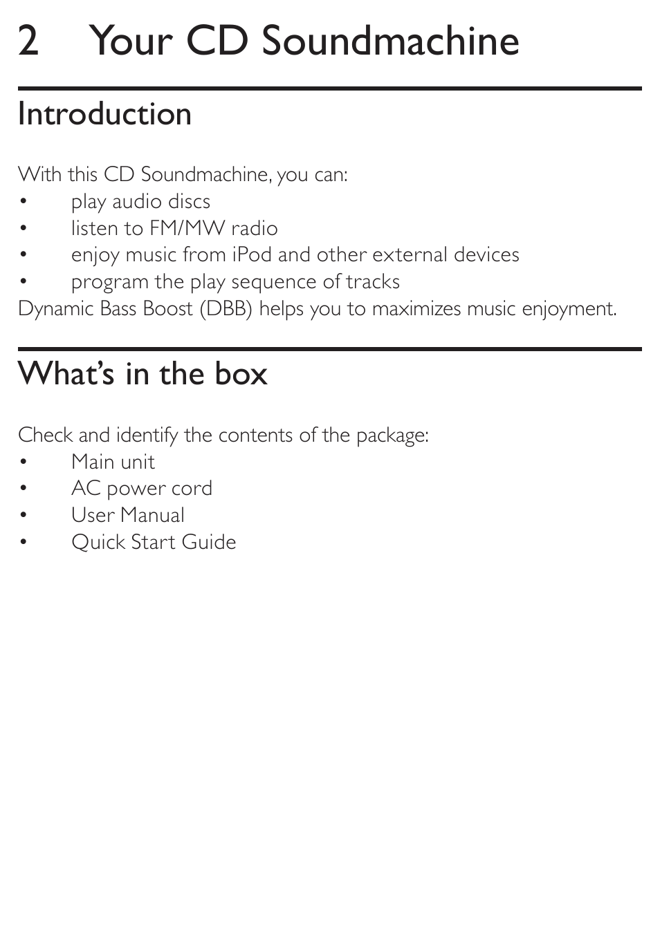 2 your cd soundmachine, Introduction, What’s in the box | Philips AZD208/05 User Manual | Page 7 / 21