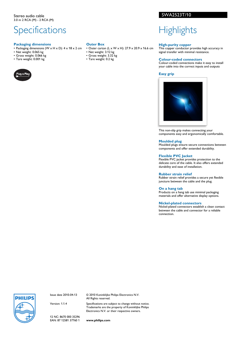 Specifications, Highlights | Philips SWA2523T User Manual | Page 2 / 2