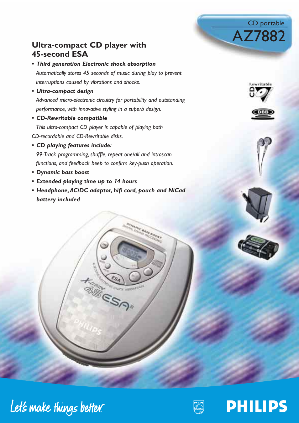 Az7882, Ultra-compact cd player with 45-second esa | Philips AZ7881 User Manual | Page 3 / 8