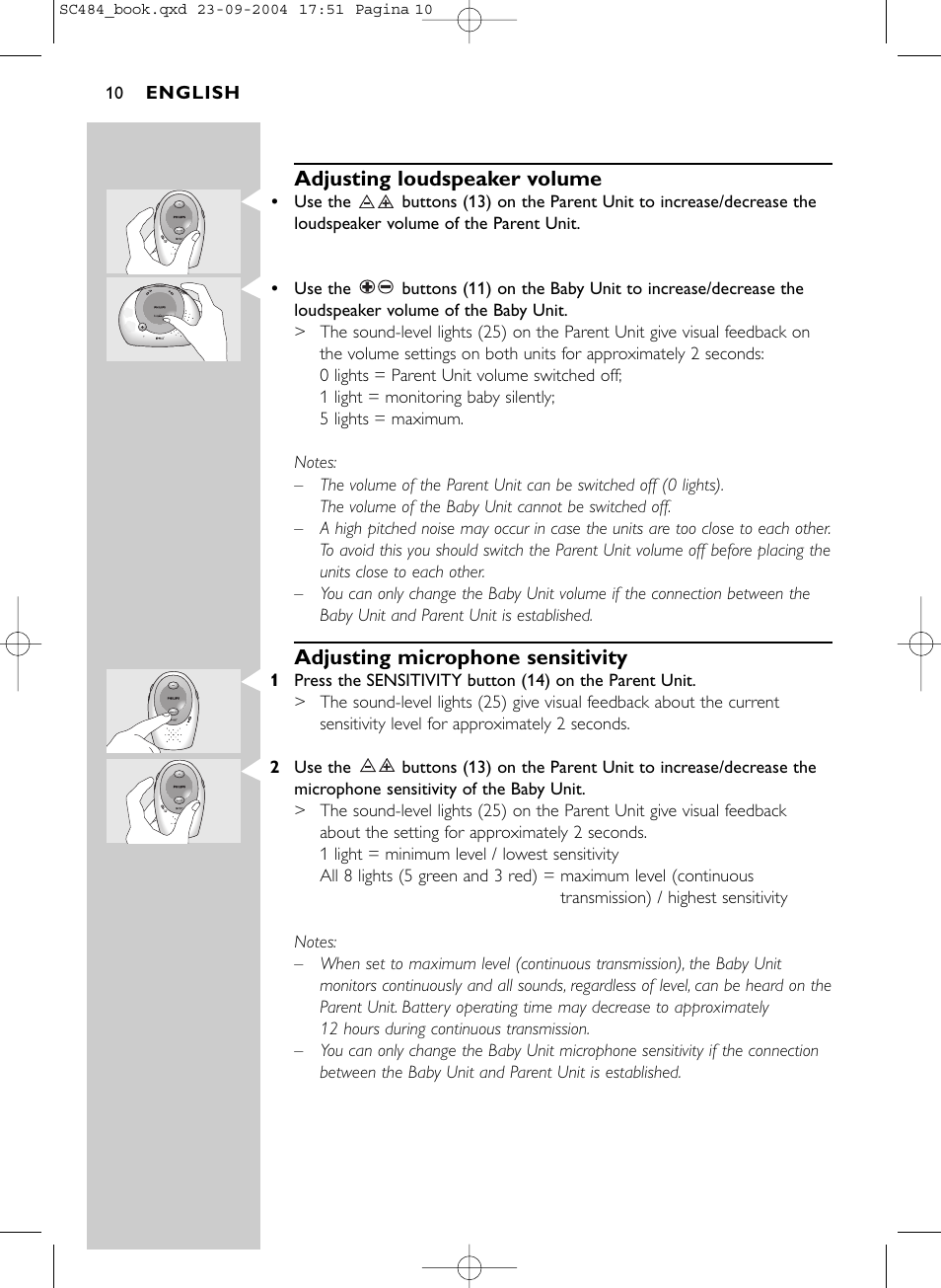 Adjusting loudspeaker volume, Adjusting microphone sensitivity | Philips SC484 DECTSBC User Manual | Page 10 / 17