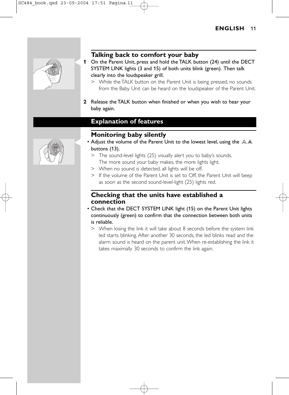 Talking back to comfort your baby, Explanation of features monitoring baby silently | Philips SC484 DECTSBC User Manual | Page 11 / 17