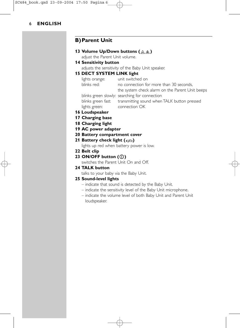 B) parent unit | Philips SC484 DECTSBC User Manual | Page 6 / 17