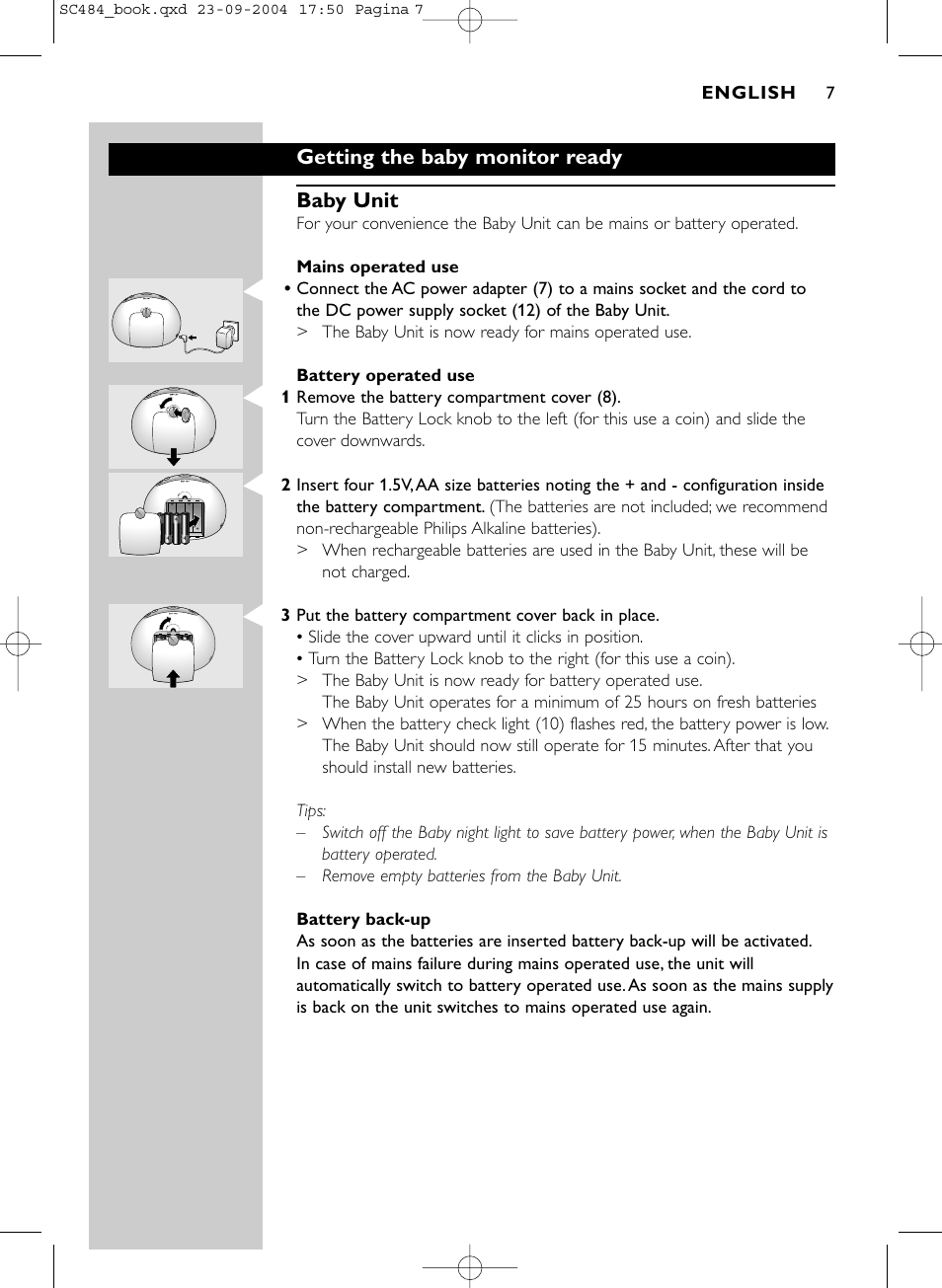 Getting the baby monitor ready baby unit, English | Philips SC484 DECTSBC User Manual | Page 7 / 17