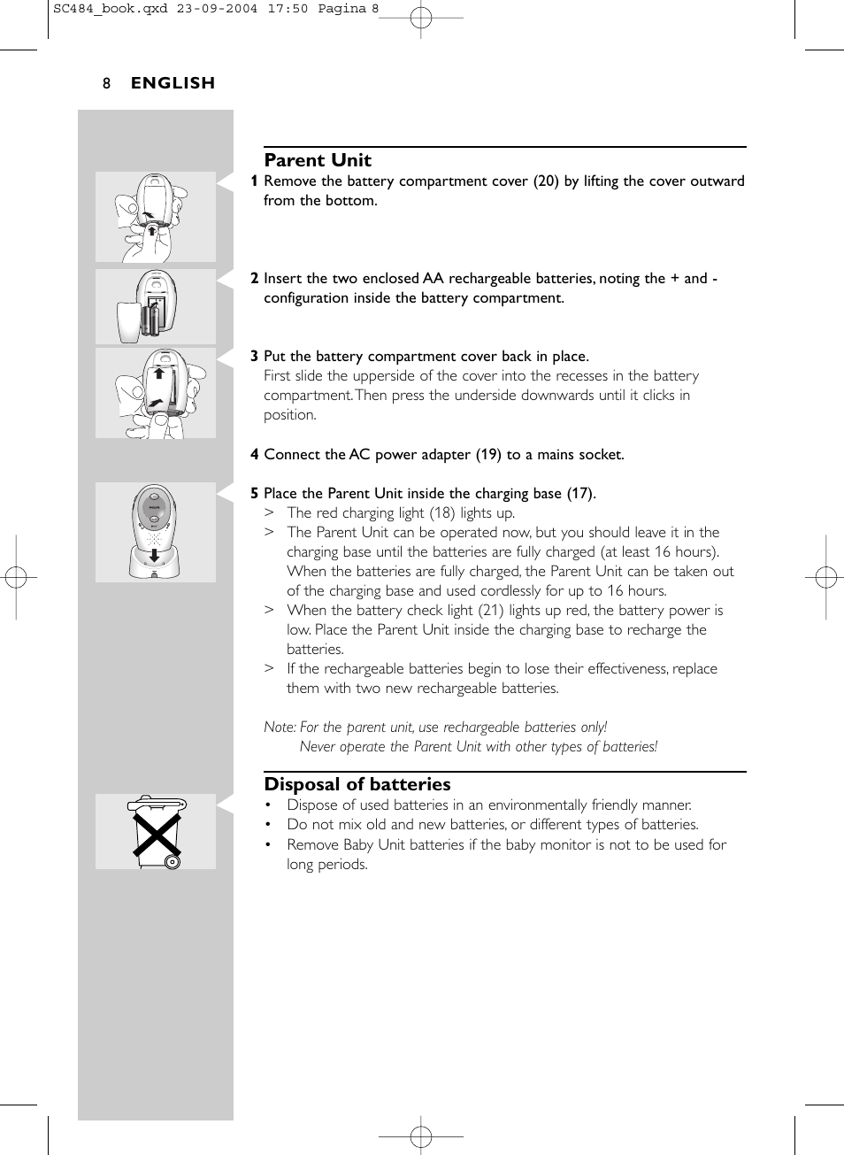 Parent unit, Disposal of batteries, English | Philips SC484 DECTSBC User Manual | Page 8 / 17