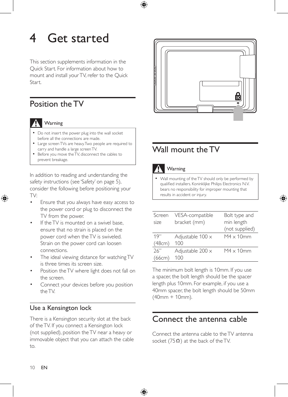 4 get started, Wall mount the tv, Connect the antenna cable | Position the tv | Philips 19PFL3403/77 User Manual | Page 10 / 32