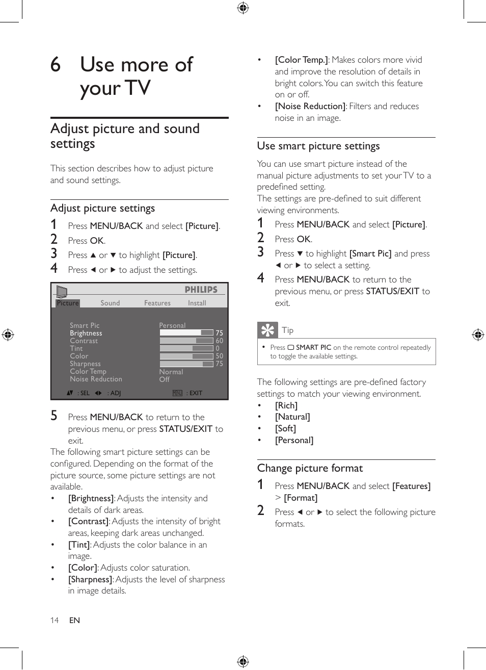 6 use more of your tv, Adjust picture and sound settings | Philips 19PFL3403/77 User Manual | Page 14 / 32