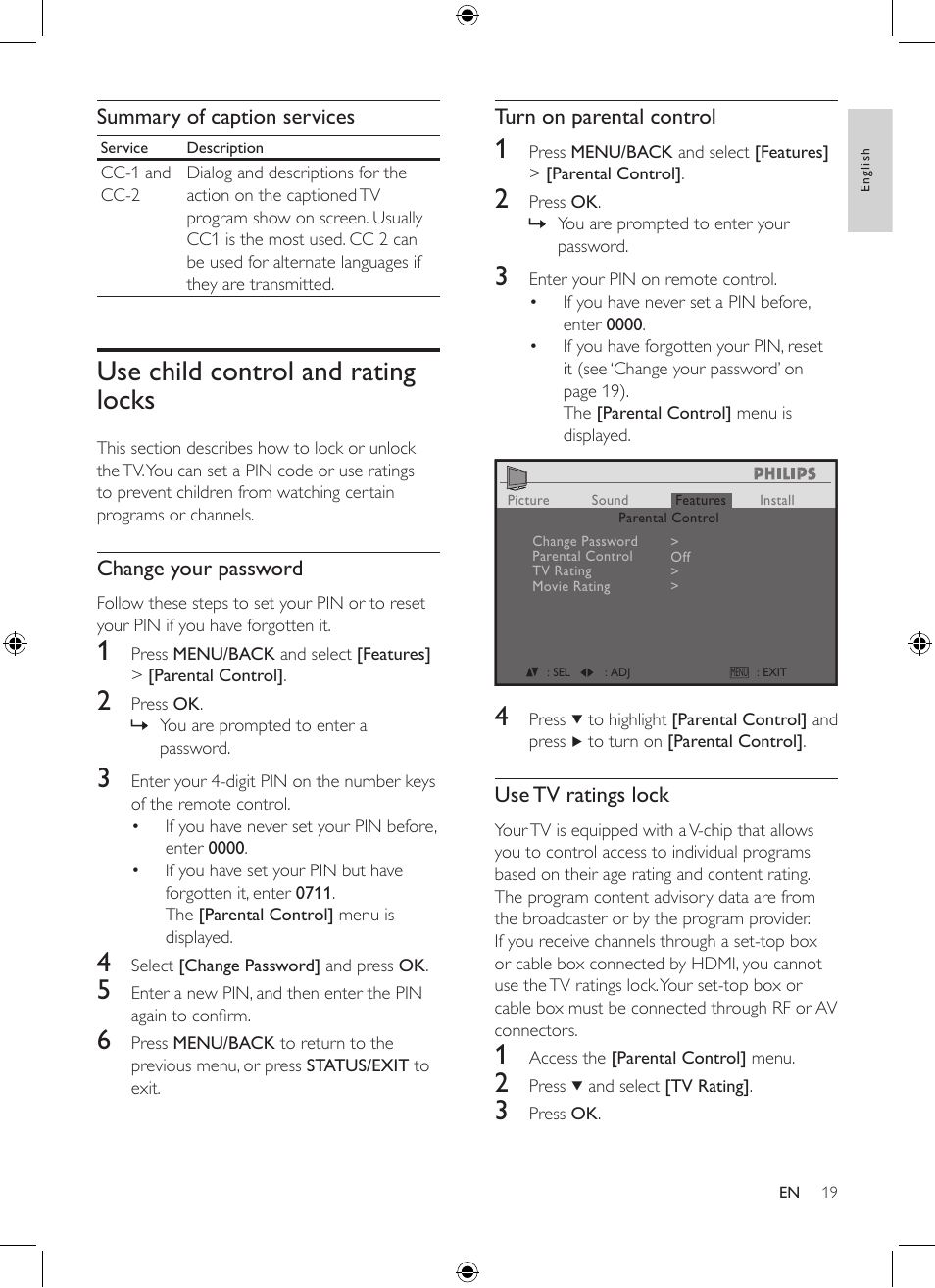Use child control and rating locks | Philips 19PFL3403/77 User Manual | Page 19 / 32