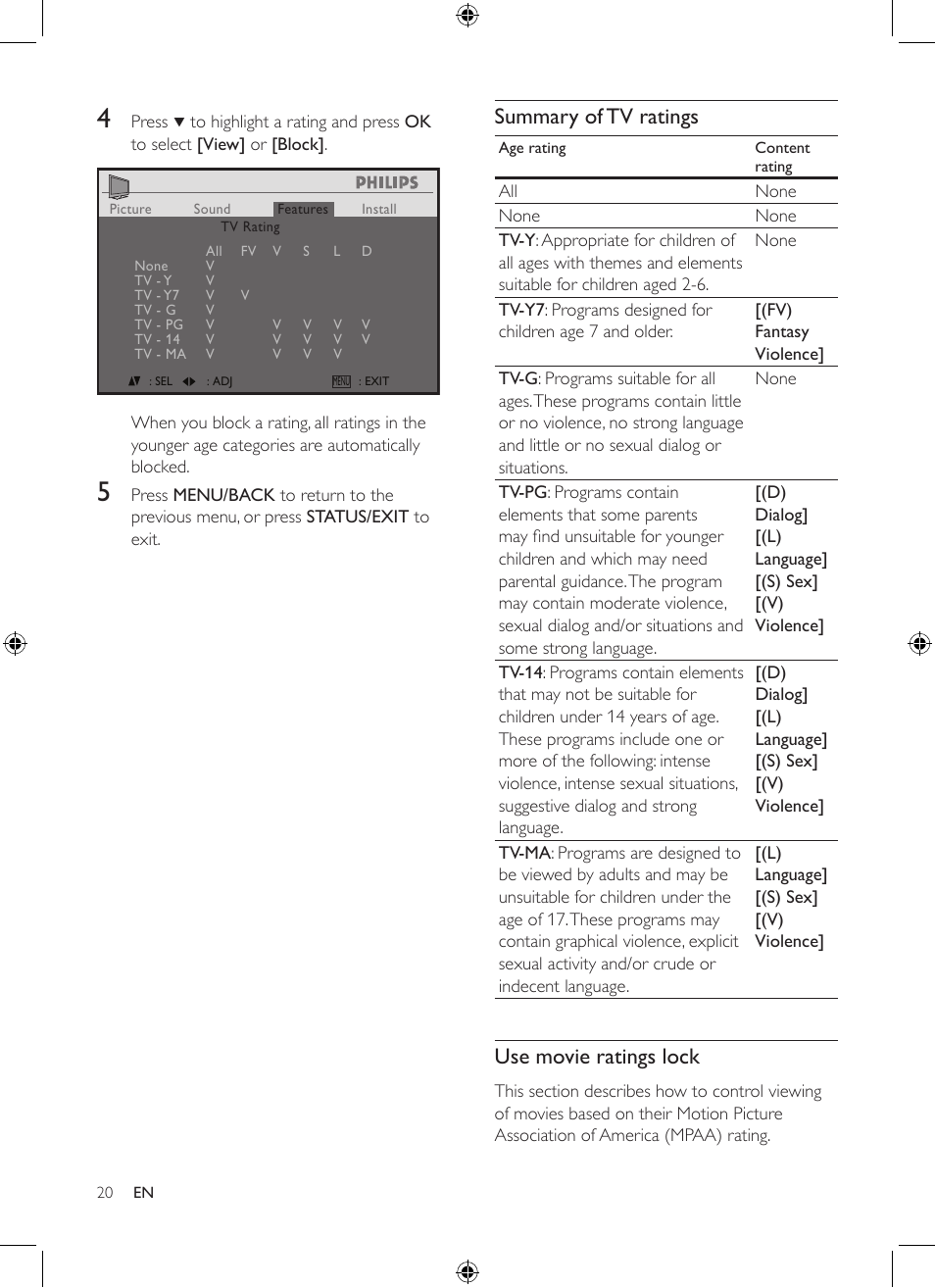 Summary of tv ratings, Use movie ratings lock | Philips 19PFL3403/77 User Manual | Page 20 / 32