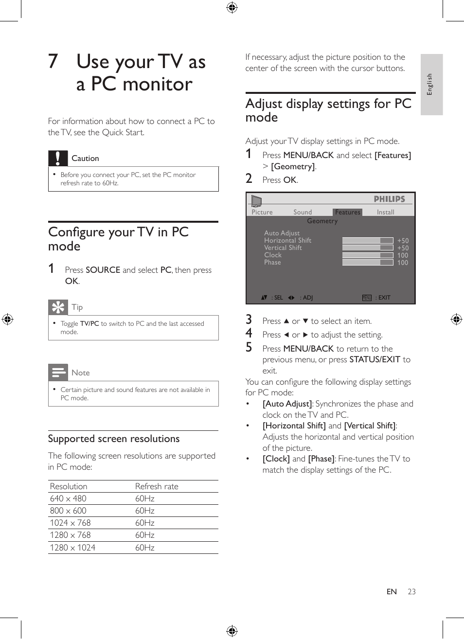 7 use your tv as a pc monitor, Adjust display settings for pc mode, Configure your tv in pc mode 1 | Philips 19PFL3403/77 User Manual | Page 23 / 32