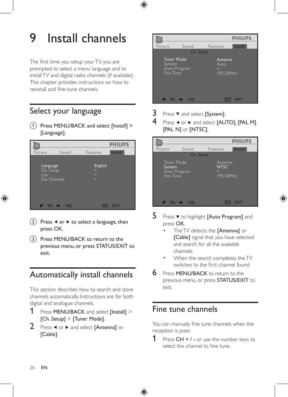 9 install channels, Fine tune channels, Select your language | Automatically install channels | Philips 19PFL3403/77 User Manual | Page 26 / 32
