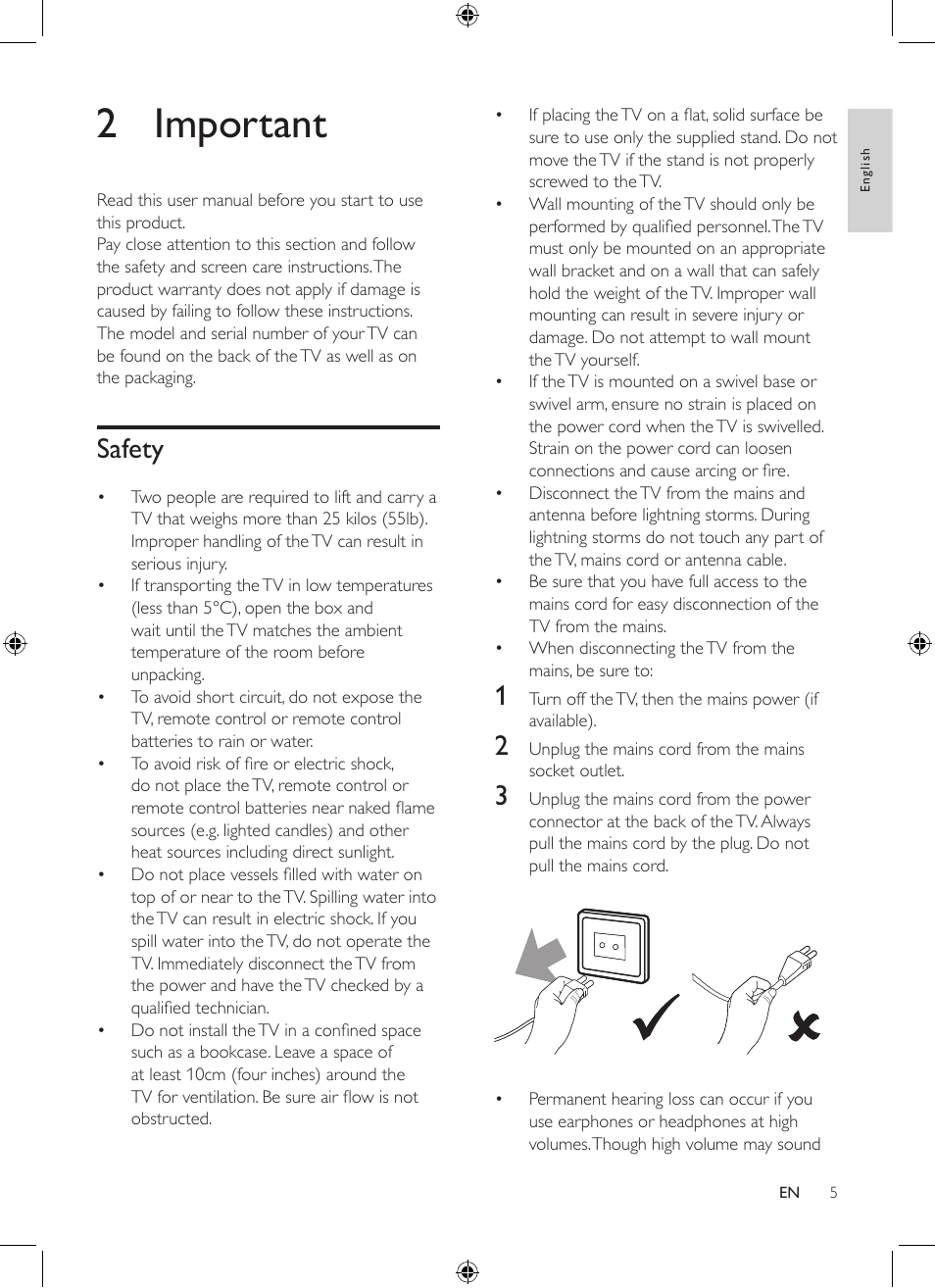 2 important, Safety | Philips 19PFL3403/77 User Manual | Page 5 / 32