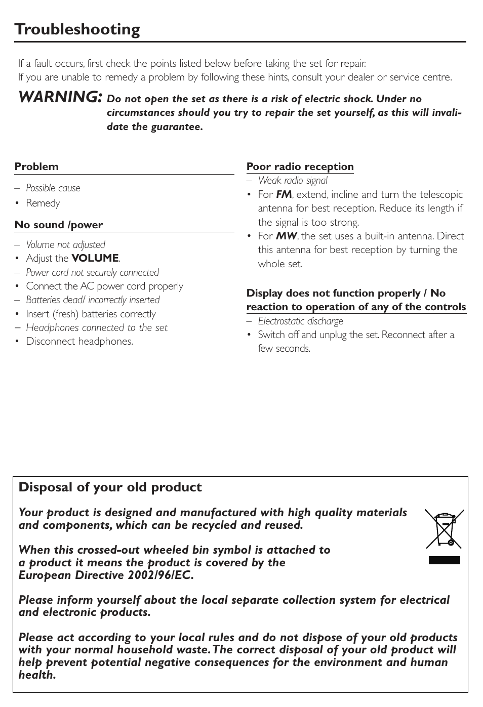 Hearing safety, Clock/timer aux in, Safety & maintenance (see 5 ) | Troubleshooting, Warning, Activating or deactivating timer, Setting sleep timer, Aux in, Safety & maintenance information, Environmental information | Philips AE2790 User Manual | Page 10 / 12