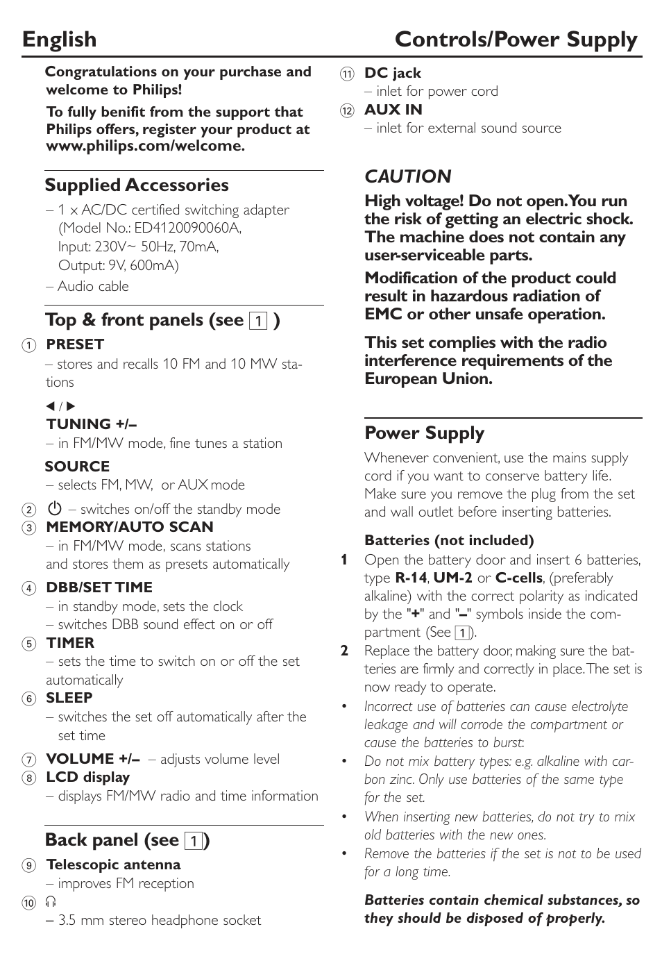 English controls/power supply, Power supply general information, Basic operation radio | Radio clock/timer, Supplied accessories, Top & front panels (see 1 ), Back panel (see 1 ), Caution, Power supply, General information | Philips AE2790 User Manual | Page 4 / 12