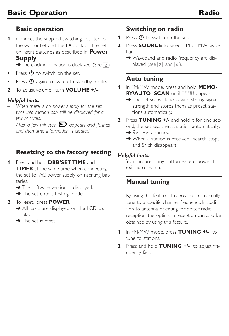 English controls/power supply, Power supply general information, Basic operation radio | Radio clock/timer, Supplied accessories, Top & front panels (see 1 ), Back panel (see 1 ), Caution, Power supply, General information | Philips AE2790 User Manual | Page 6 / 12