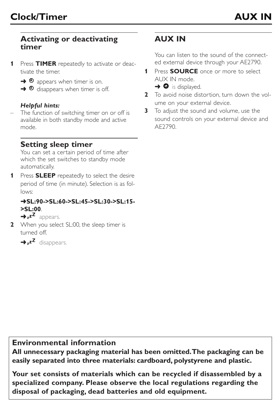 Hearing safety, Clock/timer aux in, Safety & maintenance (see 5 ) | Troubleshooting, Warning, Activating or deactivating timer, Setting sleep timer, Aux in, Safety & maintenance information, Environmental information | Philips AE2790 User Manual | Page 8 / 12