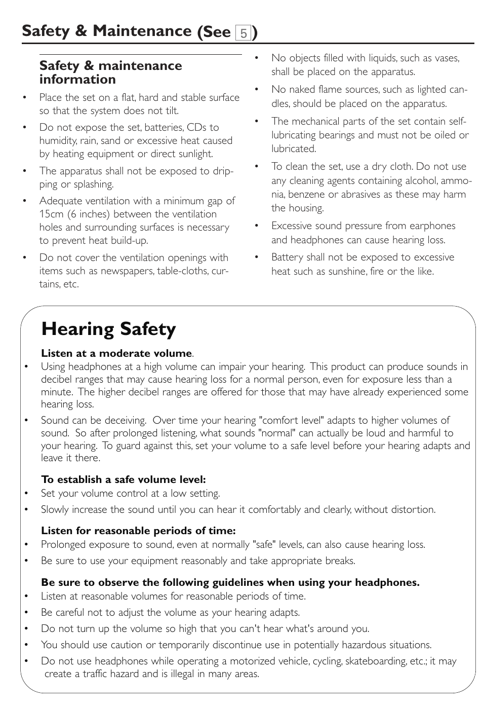 Hearing safety, Clock/timer aux in, Safety & maintenance (see 5 ) | Troubleshooting, Warning, Activating or deactivating timer, Setting sleep timer, Aux in, Safety & maintenance information, Environmental information | Philips AE2790 User Manual | Page 9 / 12