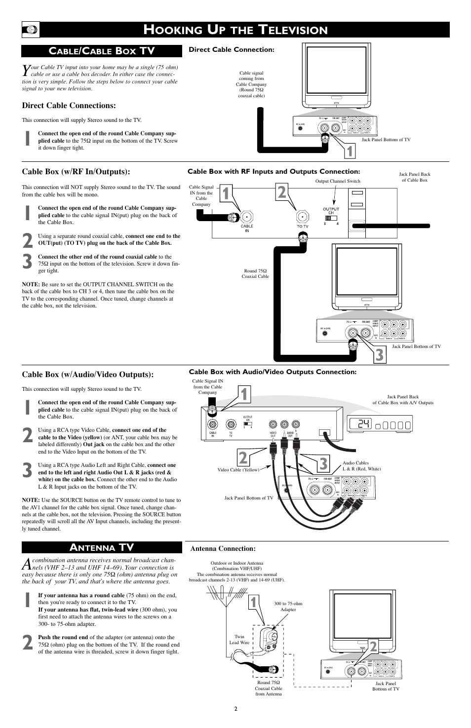 Ooking, P the, Elevision | Ntenna, Direct cable connections, Cable box (w/rf in/outputs), Cable box (w/audio/video outputs), Able | Philips 15PF7835/37B User Manual | Page 2 / 4