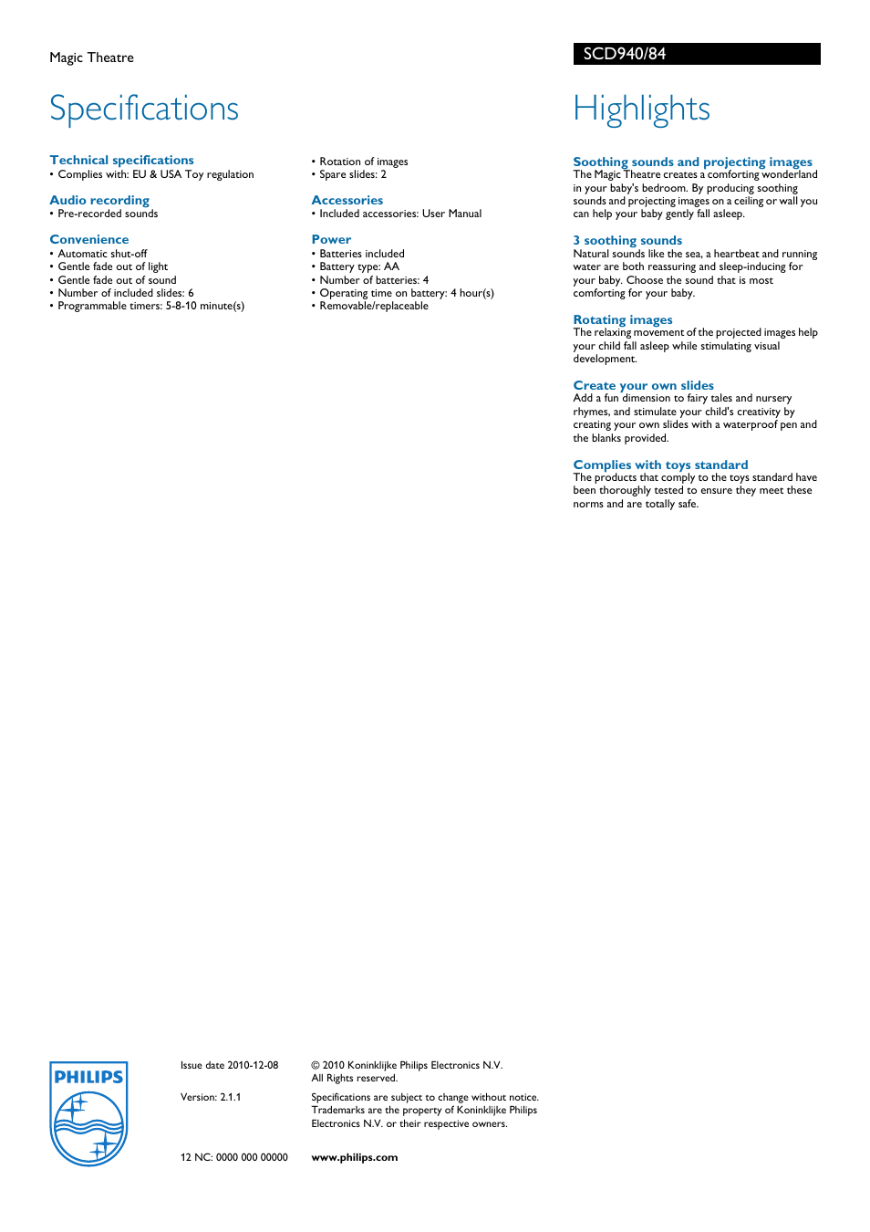 Specifications, Highlights | Philips SCD940 User Manual | Page 2 / 2