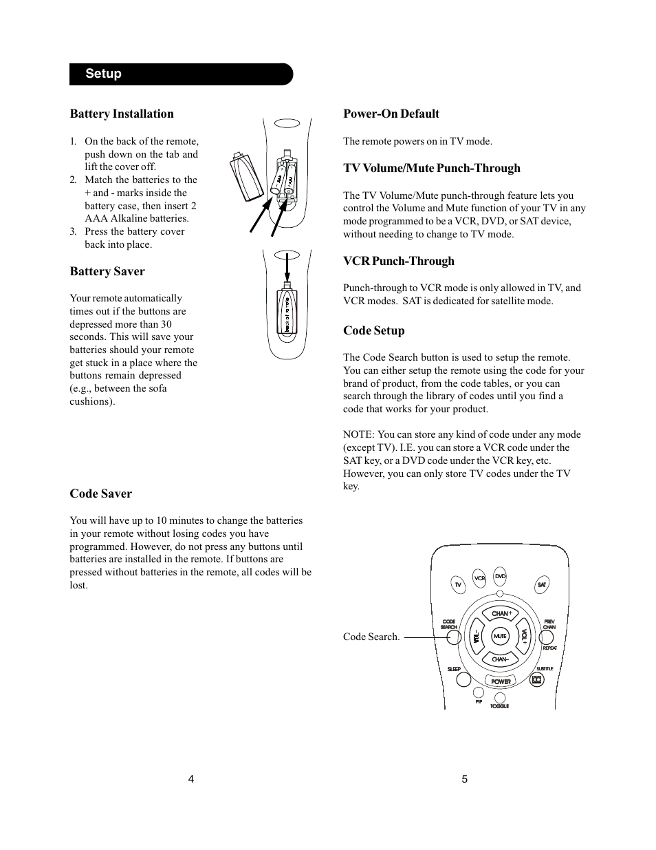 Power-on default, Tv volume/mute punch-through, Vcr punch-through | Code setup, Battery installation, Battery saver, Code saver, Setup, The remote powers on in tv mode | Philips PM435 User Manual | Page 3 / 11