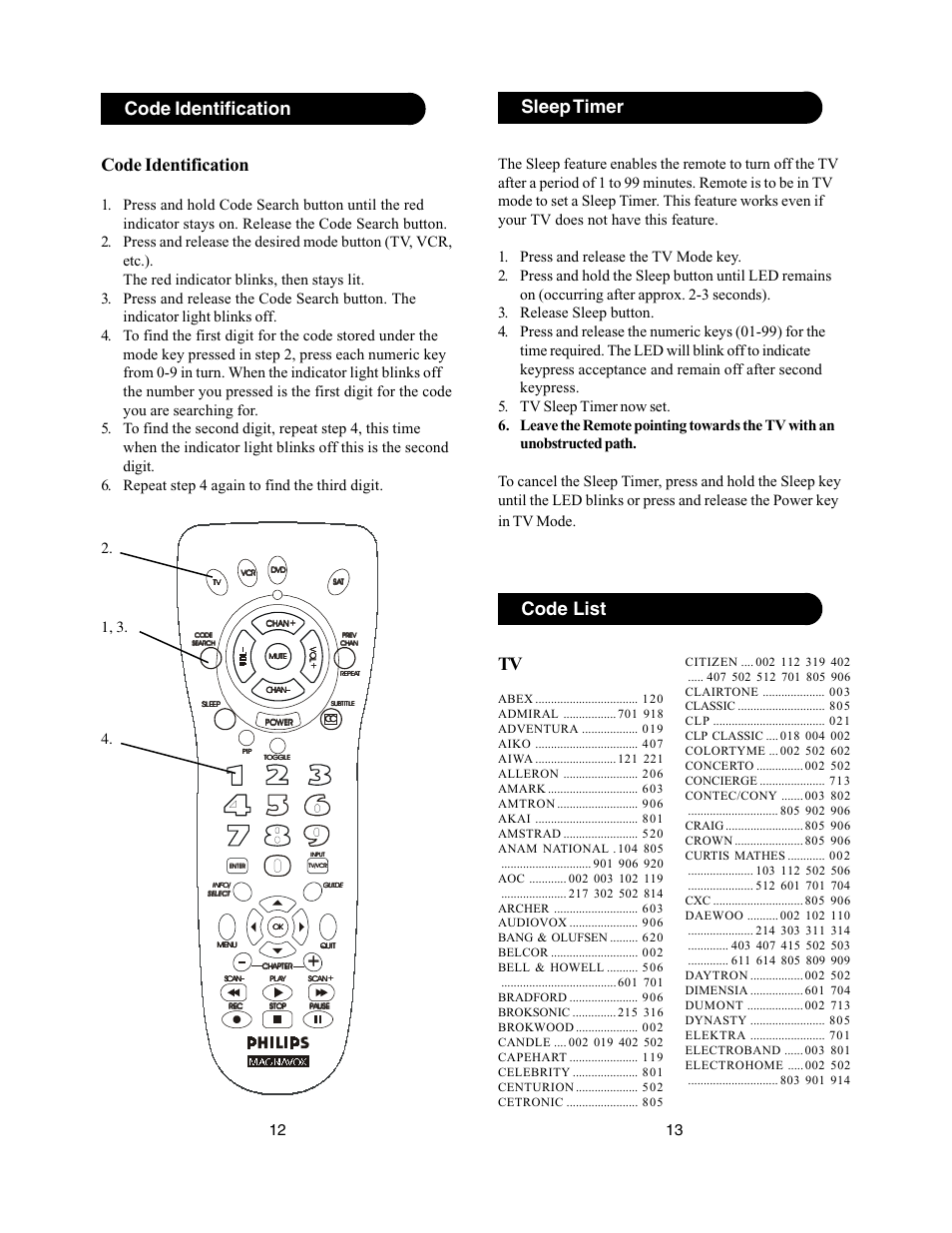 Sleep timer, Code identification, Code list | Philips PM435 User Manual | Page 7 / 11