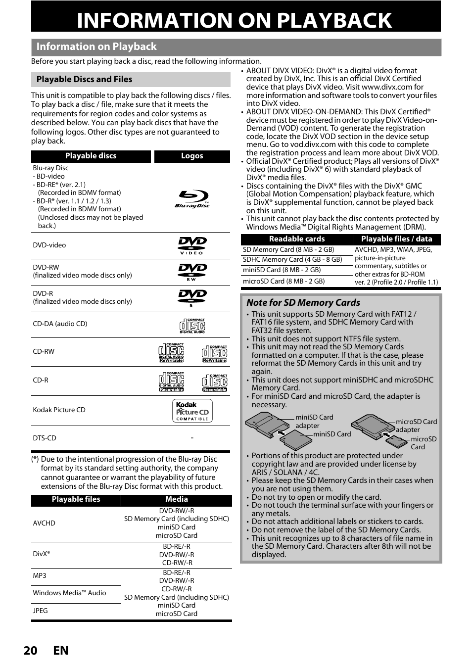 Playback, Information on playback, En 20 | Philips BDP5150/F7 User Manual | Page 20 / 60