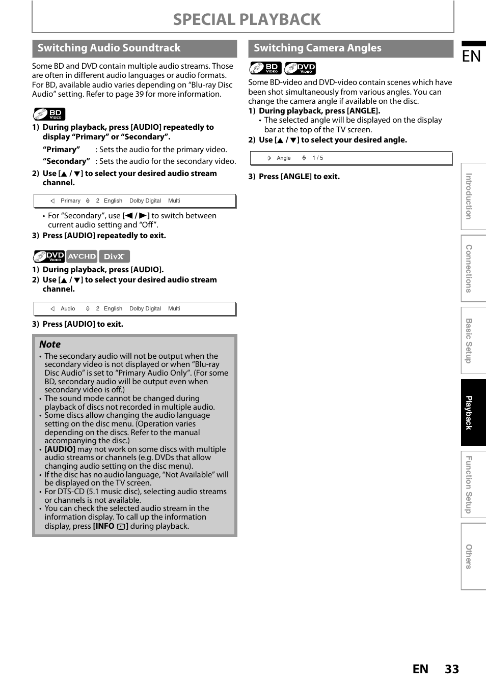 Switching audio soundtrack switching camera angles, Special playback, Switching audio soundtrack | Switching camera angles | Philips BDP5150/F7 User Manual | Page 33 / 60