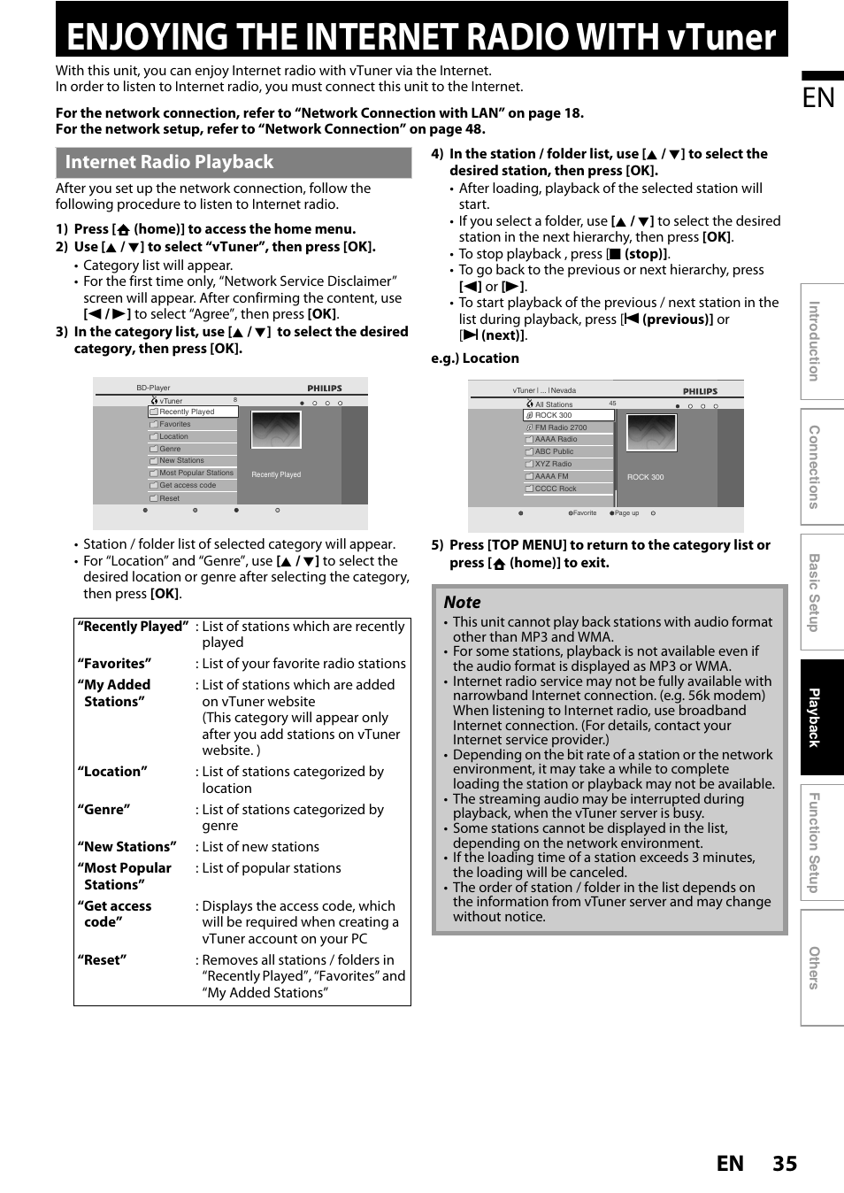 Enjoying the internet radio with vtuner, Enjoying the internet radio with, Internet radio playback | 35 en | Philips BDP5150/F7 User Manual | Page 35 / 60