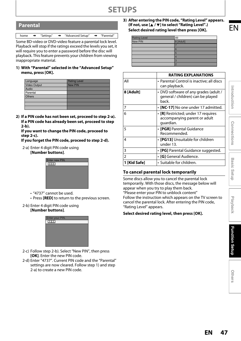 Parental, Setups | Philips BDP5150/F7 User Manual | Page 47 / 60