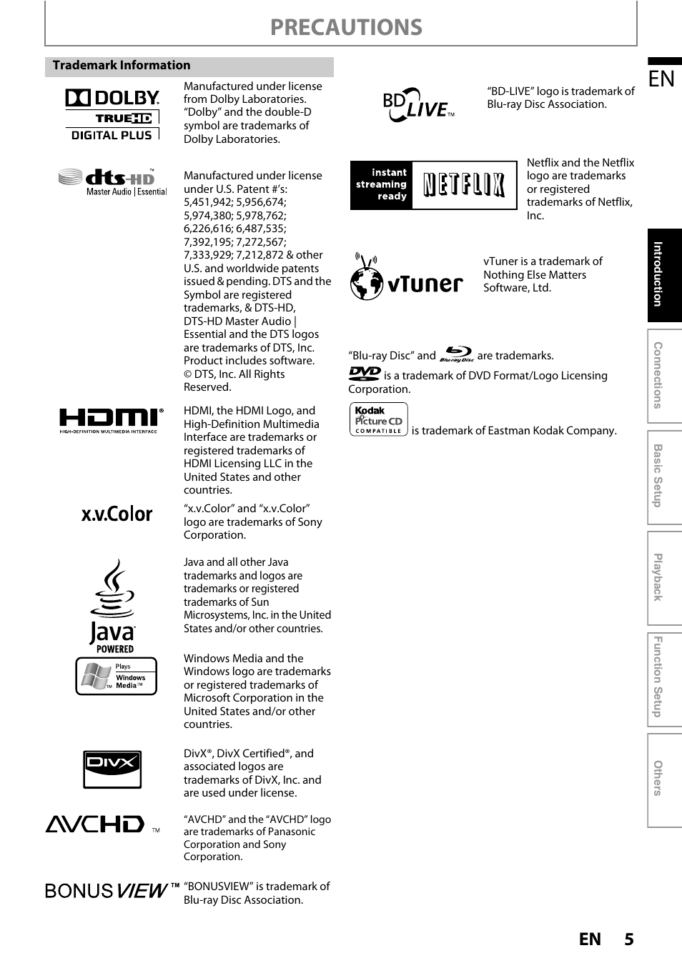 Precautions | Philips BDP5150/F7 User Manual | Page 5 / 60